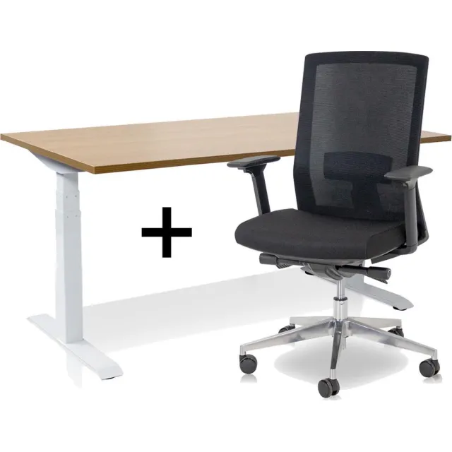 Lineaflex MRC Zit-sta bureau elektrisch verstelbaar + ERGO Bureaustoel | MRC PRO NEN-EN 527 Thuiswerkset | frame bureau wit - bureaublad havanna | 120x80 cm Wit bureauframe