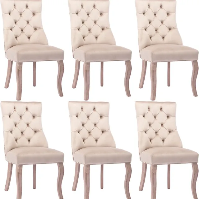 Welltin Set van 6 eetkamerstoelen - Eettafelstoel - Eetkamerstoel - Keukenstoel - Stoel - Fluweel - 51x51x97 cm - Beige