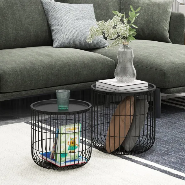 REDOM Set Van 2 Salontafels - Rond - Stapelbaar - Scandinavisch - Voor Woonkamer - Staal - Zwart Transparent