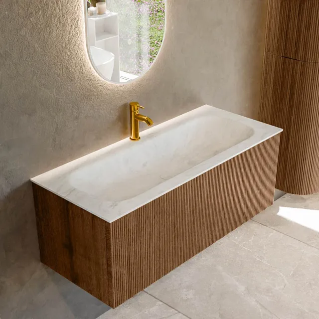 Mondiaz KURVE-DLUX 110 cm Onderkast Greeploos 1 Lade Zonder Deuren Walnut, Wastafel Solid Surface Volledig Opalo 1 Kraangat Zonder Spiegel (KRVBGM1101L0D1KM-Wal/Opa)