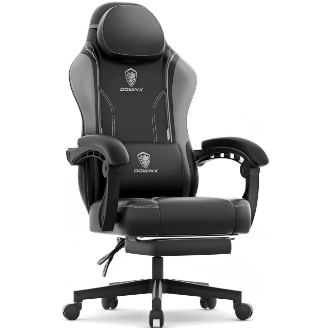 Dowinx Ergonomische Bureaustoel / Gamingstoel - Ergonomisch - Met massagefunctie - Met uitschuifbare voetsteun - Maximaal draagvermogen 150 kg - Voor kantoor en gamen - Van faux leer - Zwart-grijs