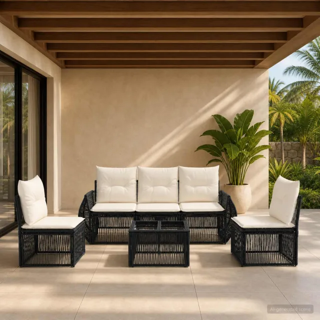 vidaXL Tuinbankenset 6 st 5-zits Zwart en Cream Wit poly rattan, foto 2
