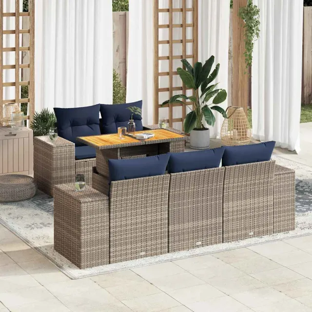 vidaXL 6-delige Loungeset met kussens poly rattan grijs, foto 2