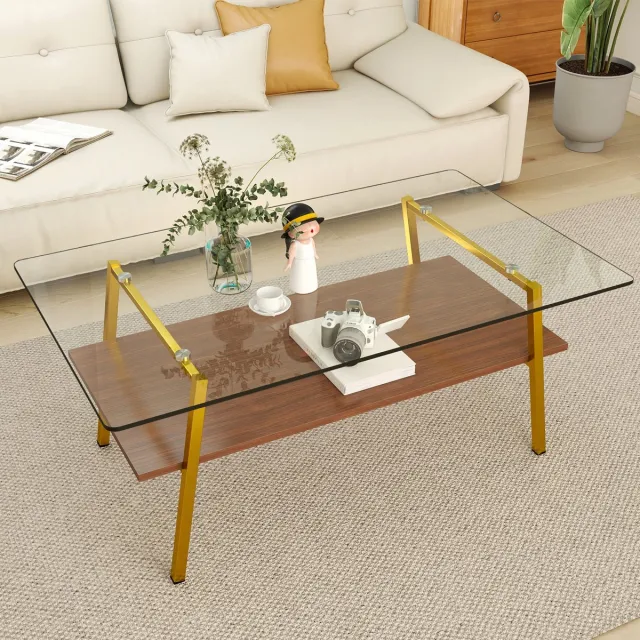 FloraGrace Salontafel - Gehard Glas Met Gouden Metalen Poten - Modern Voor Woonkamer - MDF En Glas - 98x58x42,5 cm - Blush Goud