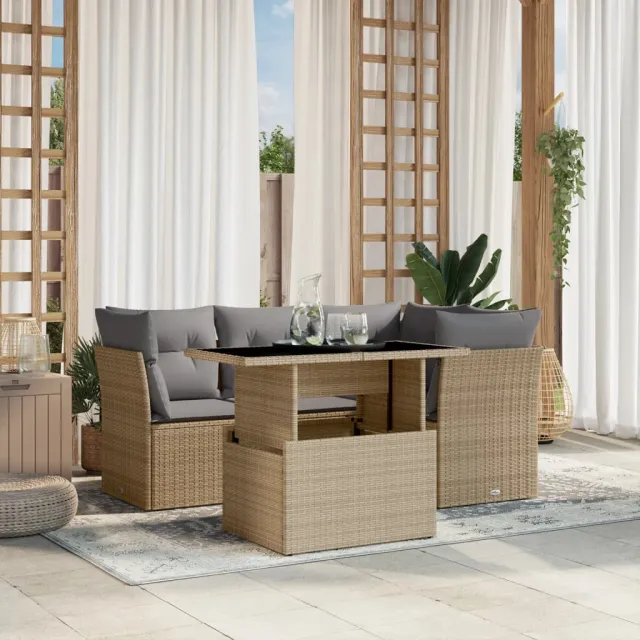vidaXL 5-delige Loungeset met kussens poly rattan beige, foto 2