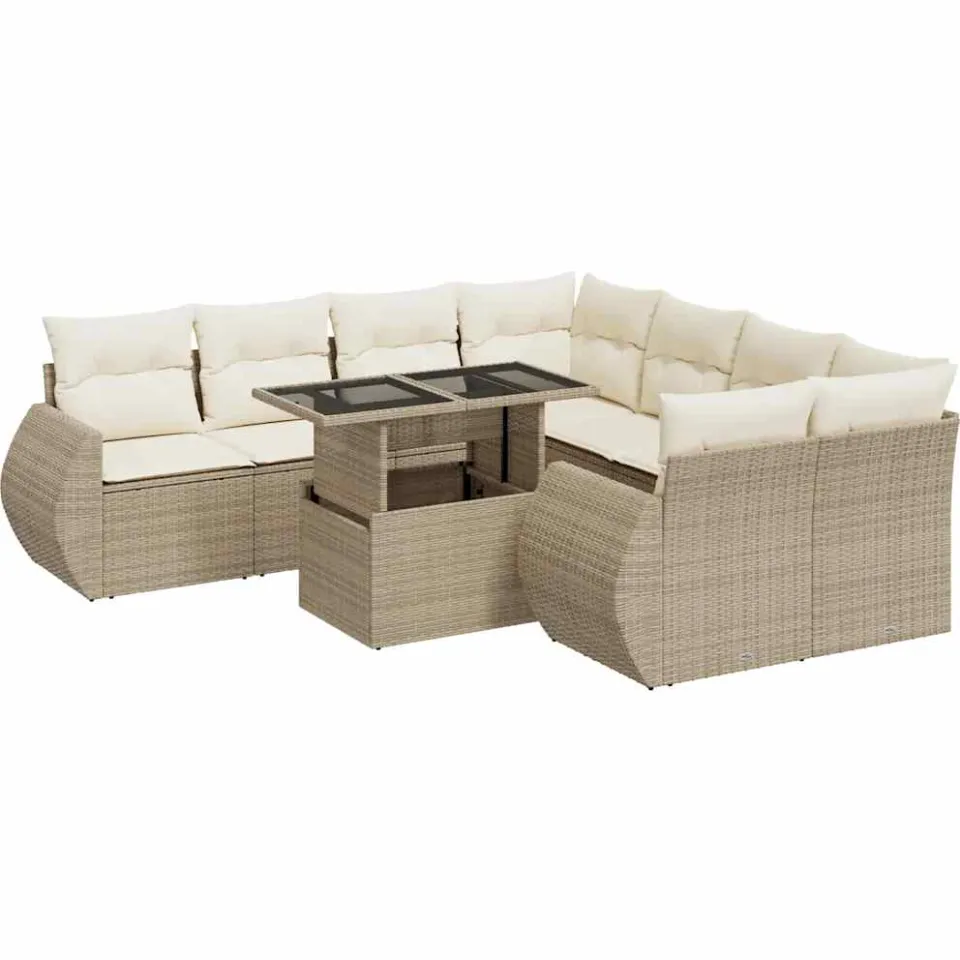 vidaXL 9-delige Loungeset met kussens poly rattan beige, foto 3