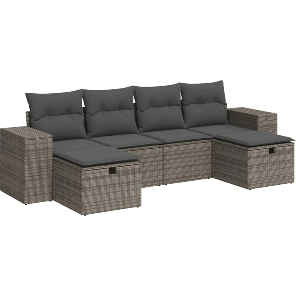 vidaXL 6-delige Loungeset met kussens poly rattan grijs, foto 3