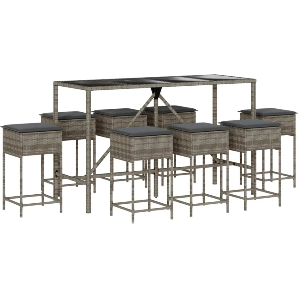 vidaXL 9-delige Tuinbarset met kussens poly rattan grijs, foto 4
