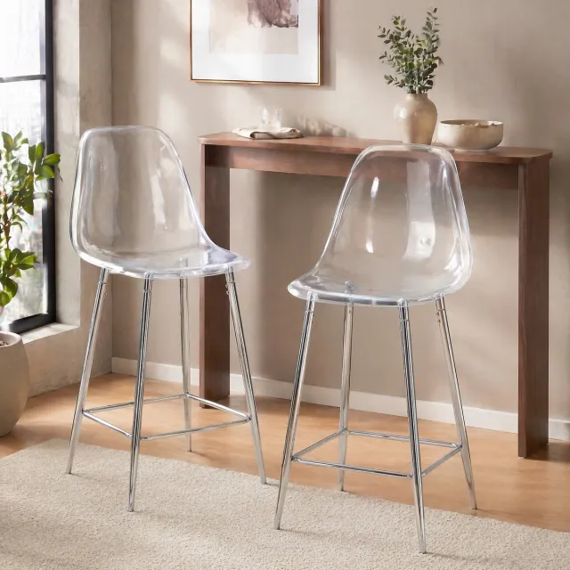 MEUNIQ transparante barhocker set van 2 met rugleuning en voetensteun, kunststof zitting en metalen frame, 51 x 45 x 102 cm, voor keuken, bar of eetkamer, zilver