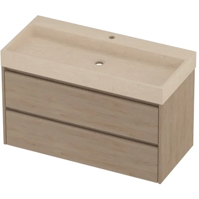 Proline Evoli Badmeubelset Hardsteen Loft 1 Kraangat Symmetrisch 100x46x62 cm Sand Stone Ideal Oak Eiken