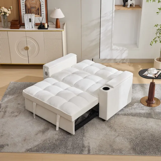 MUVANO 2 Zits Slaapbank - Uitklapbare Loungebank Met USB - Slaapbank Met Verborgen Tafel - Opvouwbare Bank - 140,5x74x82 cm - Verstelbare Rugleuning - Woonkamer Beige