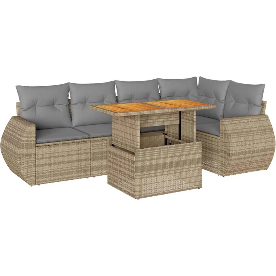 vidaXL 6-delige Loungeset met kussens poly rattan beige, foto 3