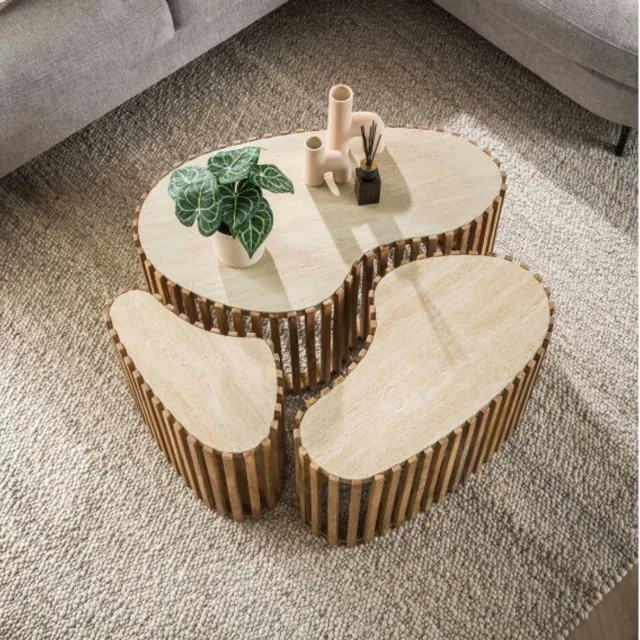 Meubelplaats Salontafel Nuovo set van 3 organisch travertin keramiek - Beige massief mango zandkleur