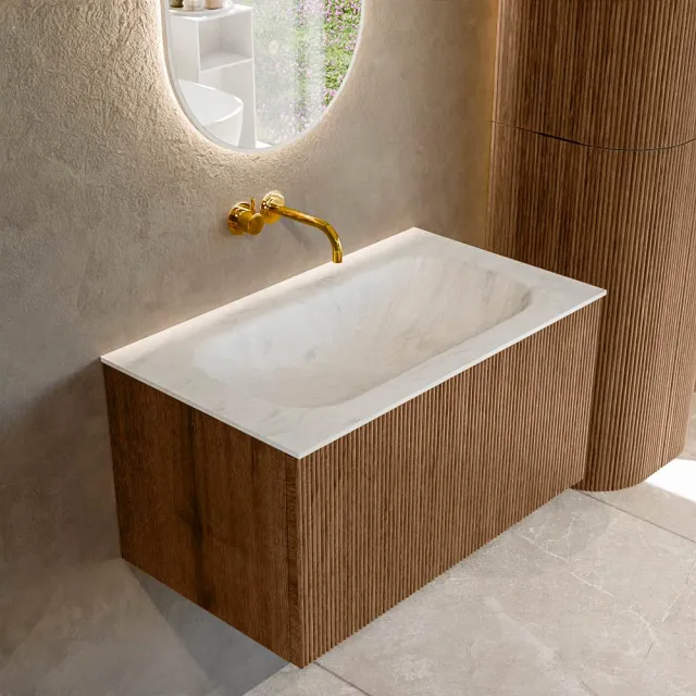 Mondiaz KURVE-DLUX 80 cm Onderkast Greeploos 1 Lade Zonder Deuren Walnut, Wastafel Solid Surface Volledig Opalo 0 Kraangaten Zonder Spiegel (KRVBGS801L0D0KM-Wal/Opa)