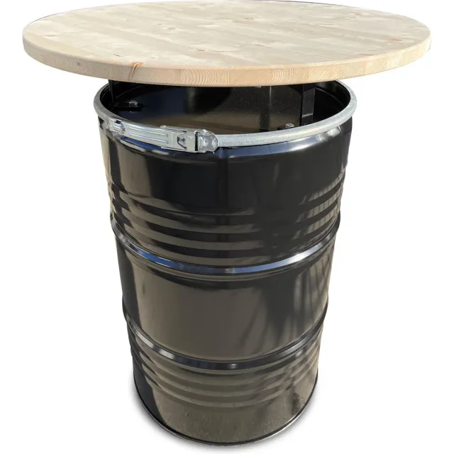 Barrelkings Statafel/Bartafel - Zwart Metaal Olievat - Ø80x105 cm - 200L - Gelakt Houten Tafelblad - Afneembaar Deksel zwarthout