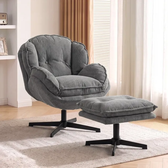 MODFU Relaxfauteuil - 360° Draaibaar - Verstelbare Hocker - Chenille - Grijs