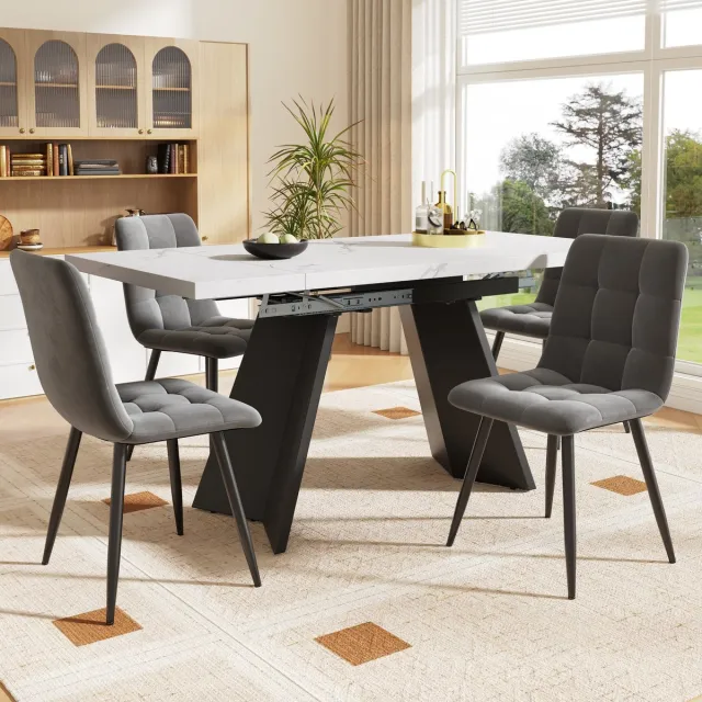 Zubaliya Eettafelset, Eetkamerset (5-delig), Uitschuifbare Eettafelset voor 4 Personen, Eetkamer Set - Verlengbare Tafel - Eettafel van 160×80×75 cm met 4 Eetstoelen, Grijze Fluwelen Eetstoel, Witte Eettafel met Platte Poten-Wit-b
