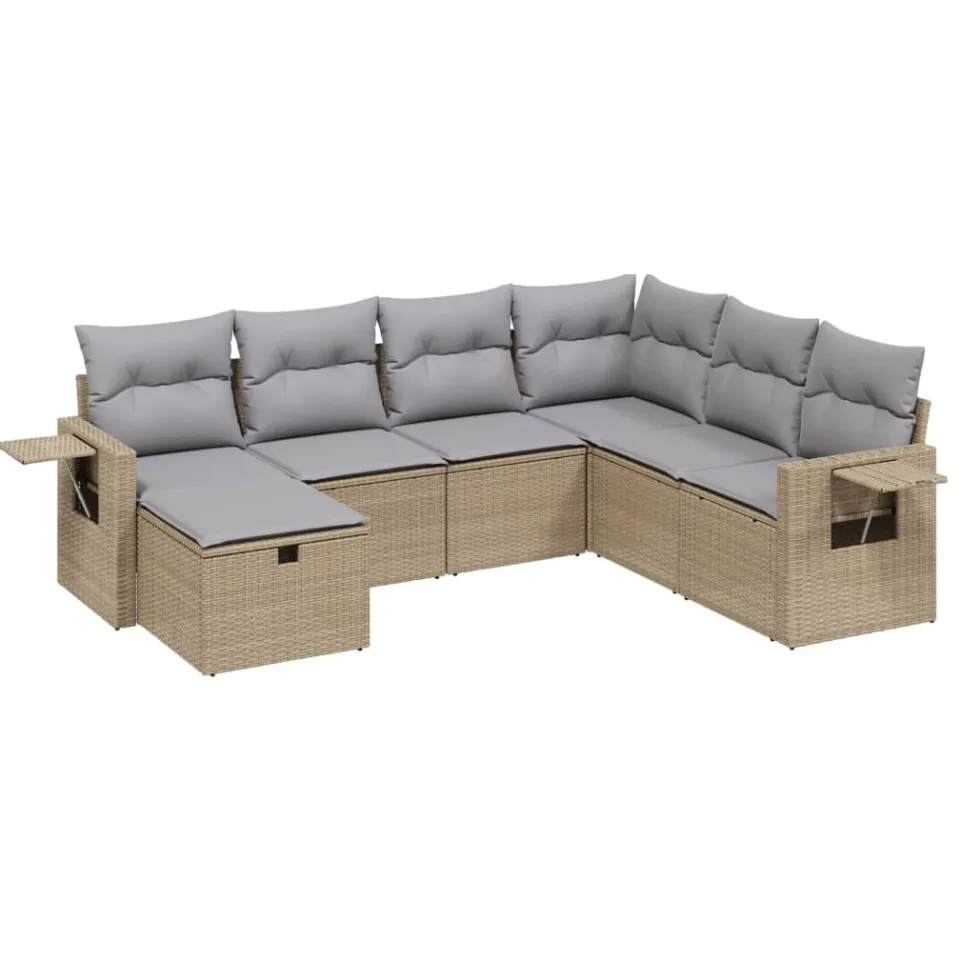 vidaXL 7-delige Loungeset met kussens poly rattan gemengd beige, foto 3