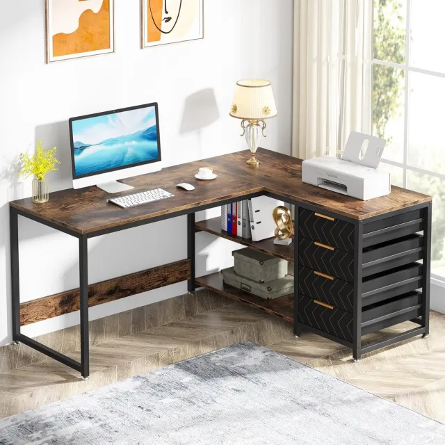 Tribesigns Bureau - L-Vormig Game Bureau met 4 Laden - 150 x 110 x 75cm - Bureau met Legplanken - Gaming Desk - Computer Tafel - Gaming Tafel - Bureau voor Gamen, Studeren en Werken - Zwart / Vintage Bruin Bruin/Zwart