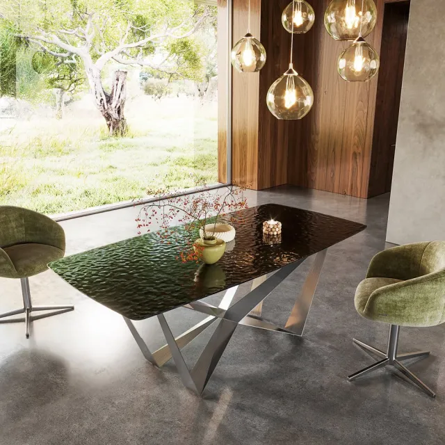 DELIFE Eetkamertafel Edge Boot Glas smelten rokerig zwart 3D-Relief 200x100 spider vlak staal RVS