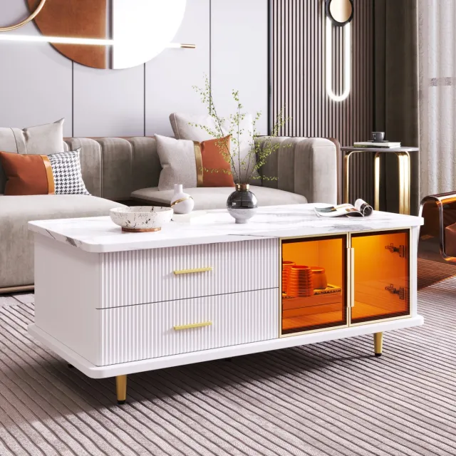 MEUNIQ Salontafel 100 x 50 x 40 cm met 2 lades, 2 deuren van gehard glas, appgestuurde LED-verlichting en marmerlook blad voor woonkamer, wit en goud