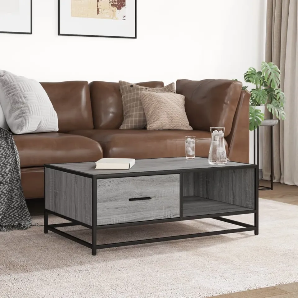 vidaXL Salontafel 90x57x35 cm bewerkt hout en metaal grijs sonoma, foto 2