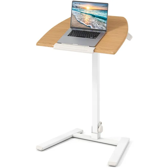Costway Bijzettafel in hoogte verstelbaar met wieltjes, statafel met 90° kantelbaar tafelblad, inklapbaar staand bureau, laptoptafel voor woonkamer, slaapkamer, 65 x 49 cm Naturel en Wit