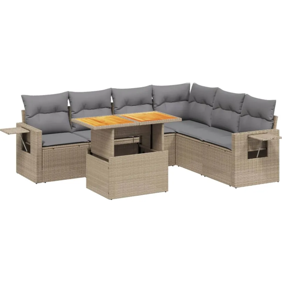 vidaXL 7-delige Loungeset met kussens poly rattan beige, foto 3