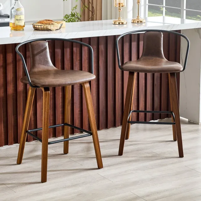 HAUSS SPOLE Barkruk - Barstoel Set Van 2 - Met Armleuning, Rugleuning En Voetsteun - Voor Keukeneiland En Bartafel - Kunstleer Bruin Brown