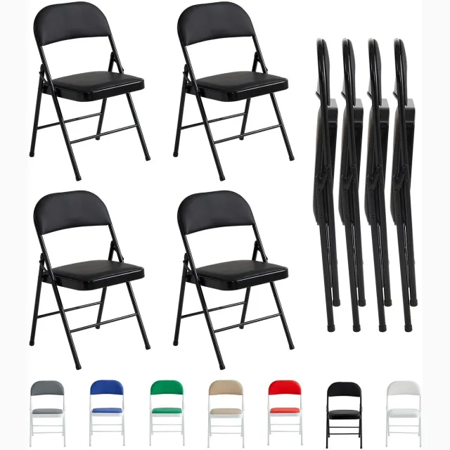 Famanu Set van 4 klapstoelen, opvouwbare stoelen van kunstleer met metalen frame en gewatteerde zitting, ideaal voor thuis, kantoor en receptie (zwart