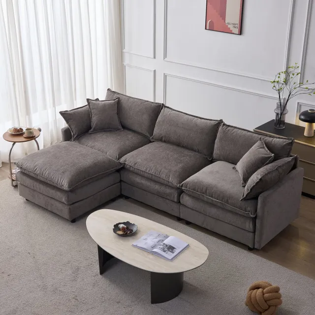 STILVORA Hoekbank 3-Zits Met Chaise Longue En Hocker - Modulair Comfort Voor Woonkamer En Kleine Ruimte - Chenille - Grijs