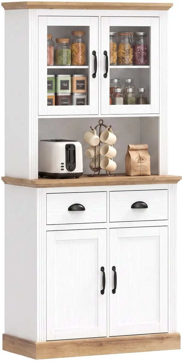 Homcom Keukenkast - MDF, gehard glas - 80 x 38 x 170 cm - Wit