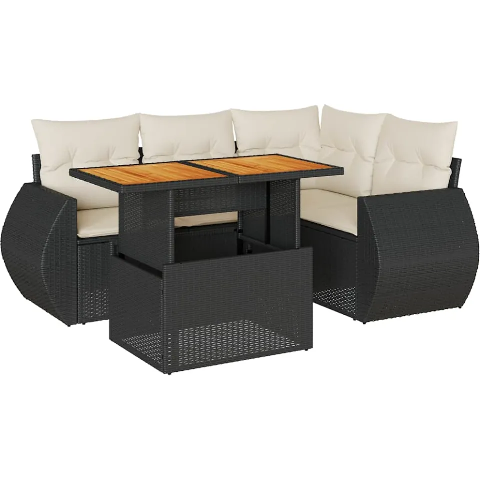 vidaXL 5-delige Loungeset met kussens poly rattan zwart, foto 3