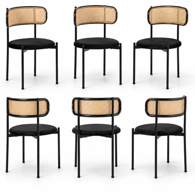 City long dragon LONG DRAGON - Velvet eetkamerstoelen - Set van 6 - Rotan rugleuning - Vier metalen poten - Voor woonkamer en slaapkamer - Zwart