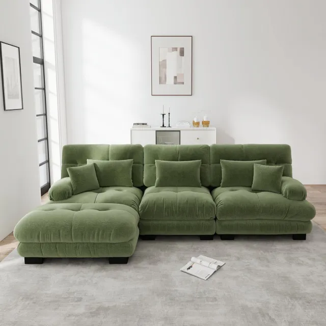 DESMIU Hoekbank 313 Cm - Modulaire L-Vorm Met Verplaatsbare Ottomans - Diepe Zitting Voor Woonkamer - Chenille Groen
