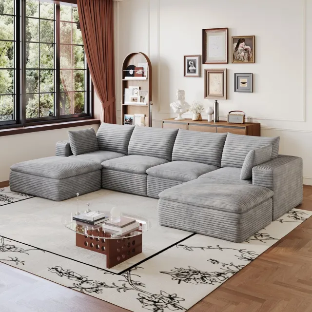 MIVRAY Modulaire Hoekbank 340 cm - Zachte Schuimvulling en Afneembare Bekleding - Voor Woonkamer en Slaapkamer - Stof Grijs