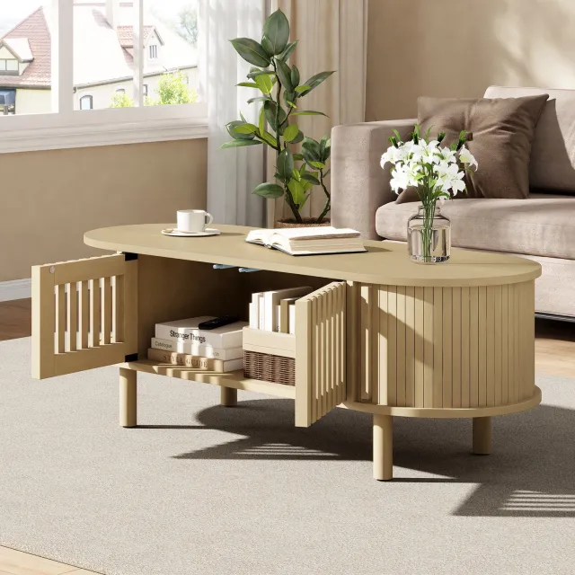 DantefHandels Salontafel 100×40×38cm van MDF, ovaaler woonkamertafel met 2 , Massivhoutpoten, tot 30kg draagvermogen, opbergruimte salontafel voor de woonkamer, lichte Naturelkleur