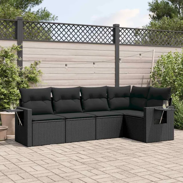 vidaXL 5-delige Loungeset met kussens poly rattan zwart, foto 2