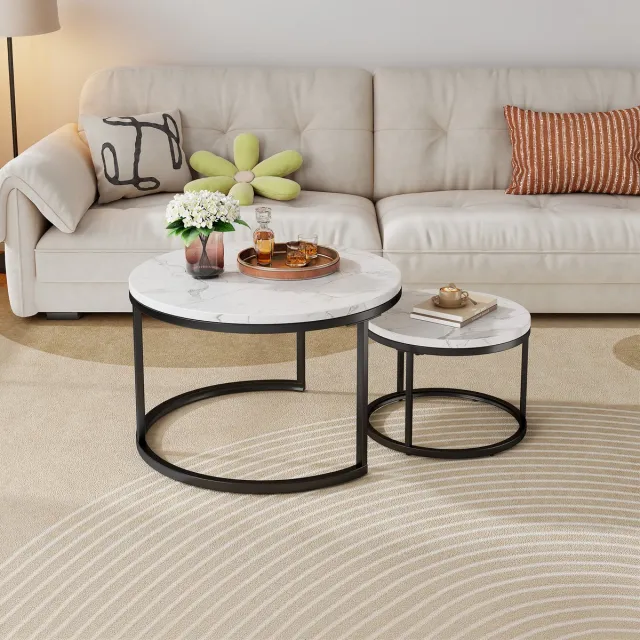 HAUSS SPOLE Bijzettafel Set – Nestbaar En Ruimtebesparend – 70 X 70 X 45 Cm En 45 X 45 X 37 Cm – Metaal En MDF – Goud Met Wit – Woonkamer En Flexibele Opbergruimte – Marmerlook Zwart