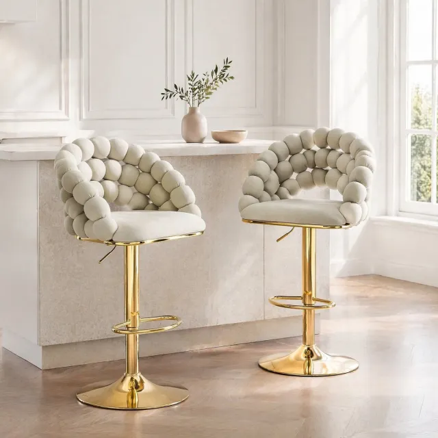COVREO Barkruk set van 2 45x52x65-112 cm - Grijs Velvet - Met Rugleuning en Voetsteun - 360° Draaibaar - Goudkleurig Metalen Frame