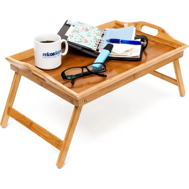 Relaxdays bedtafel bamboe - inklapbaar - voor op bed - 25 x 52 x 33 cm - dienblad lichtbruin