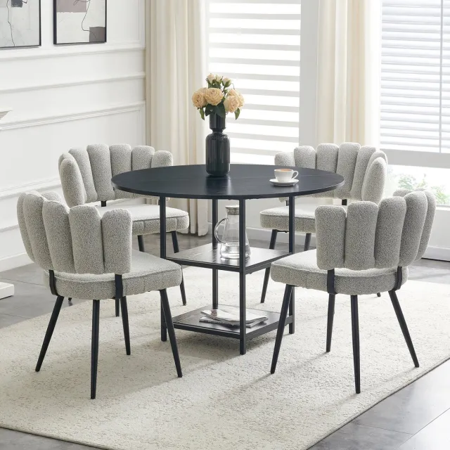 HAUSS SPOLE Set Tafel En Stoelen - Ronde Eettafel Met Dubbele Opbergruimte - 4 Eetkamerstoelen Met Bloemrugleuning - Hout Metaal Zwart Lichtgrijs