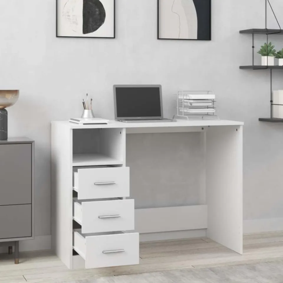 vidaXL Bureau met lades 102x50x76 cm bewerkt hout wit, foto 3