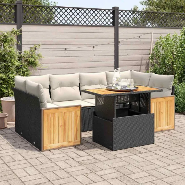 vidaXL 7-delige Loungeset met kussens poly rattan acacia zwart, foto 2