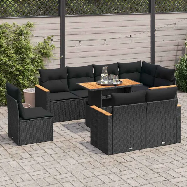 vidaXL 9-delige Loungeset met kussens poly rattan acacia zwart, foto 2