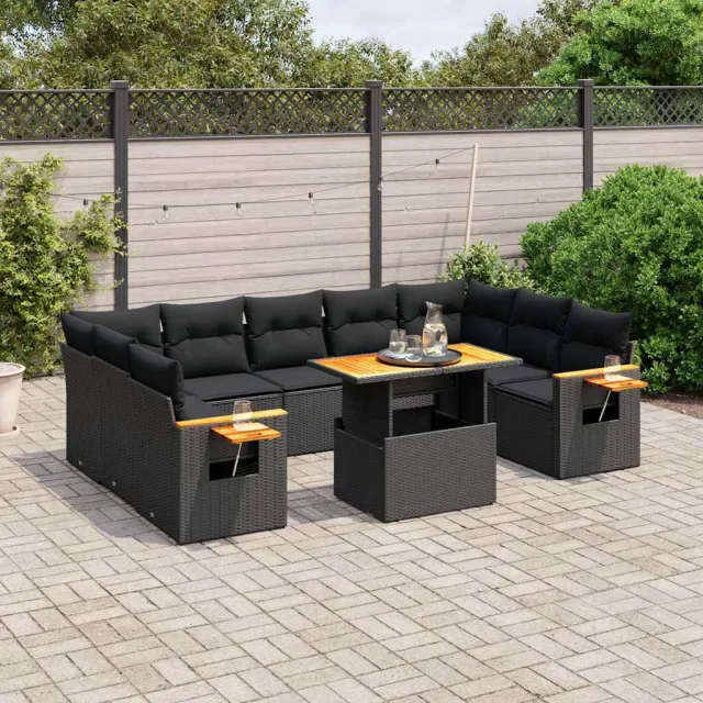 vidaXL 10-delige Loungeset met kussens poly rattan zwart, foto 2