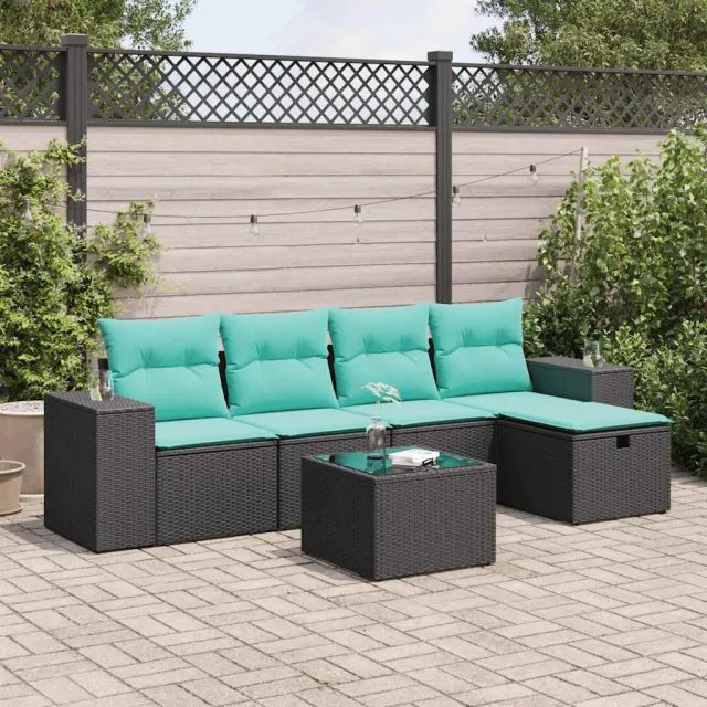 vidaXL 6-delige Loungeset met kussens poly rattan zwart, foto 2