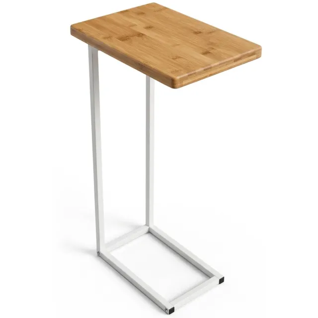Famanu C-vorm bijzettafel voor woonkamer, multifunctionele nachttafel en laptoptisch, 40x25x68 cm, combinatie van staal en natuurlijk hout wit