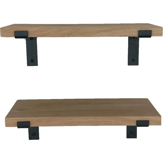 GoudmetHout Wandplank Set Industrieel - 50 x 20 cm Muurplank - Eiken Hout - Decoratie Wandrek & Boekenrek - Set van 2 Hangplanken Keuken - Wall Shelf + 2 Mat Blanke Plankdragers van Staal