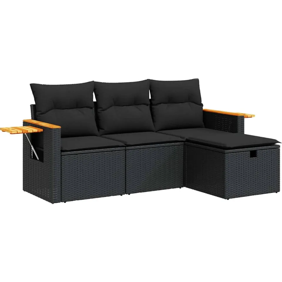 vidaXL 4-delige Loungeset met kussens poly rattan zwart, foto 3